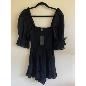 New Look Black Smocked Ruffle Hem Puff Sleeve Romper 1pc Outfit Womens 2 NEW NWT